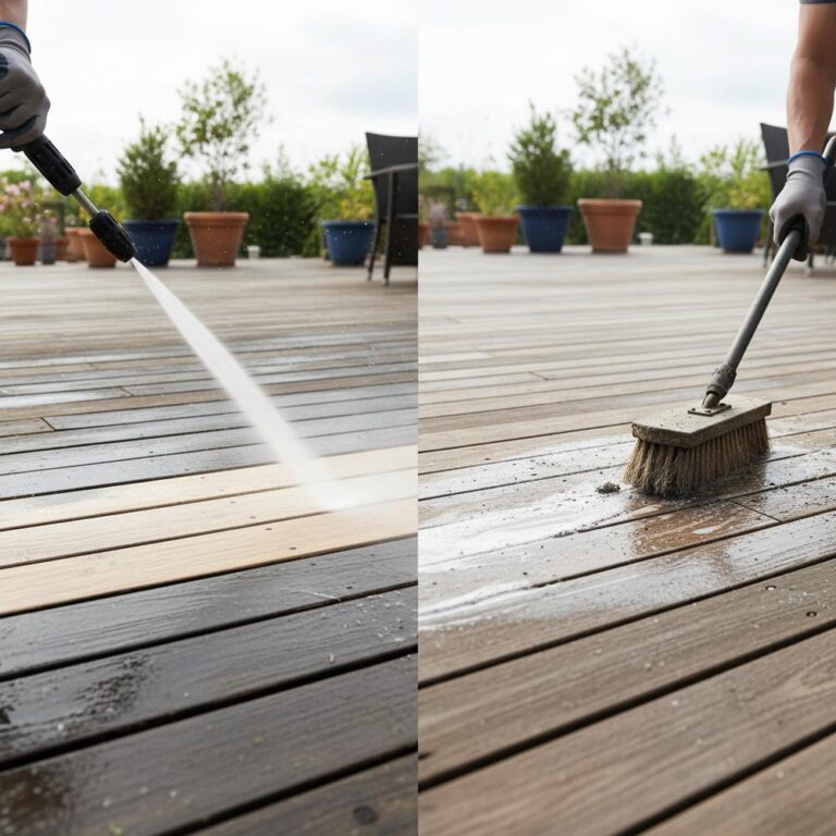 Holzterrasse reinigen: Hochdruckreiniger oder Bürste?